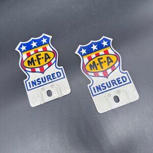 Vintage MFA Insurance License Plate Toppers Metal Agriculture Advertising Shield
